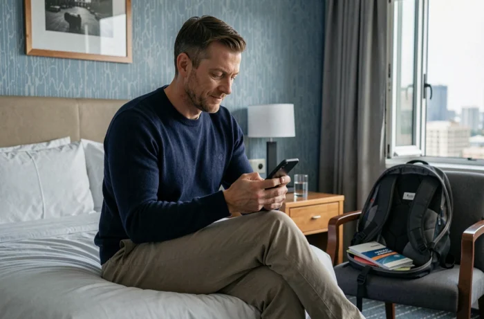 Voyageur solo consultant les avis d'hébergement sur son smartphone dans une chambre d'hôtel