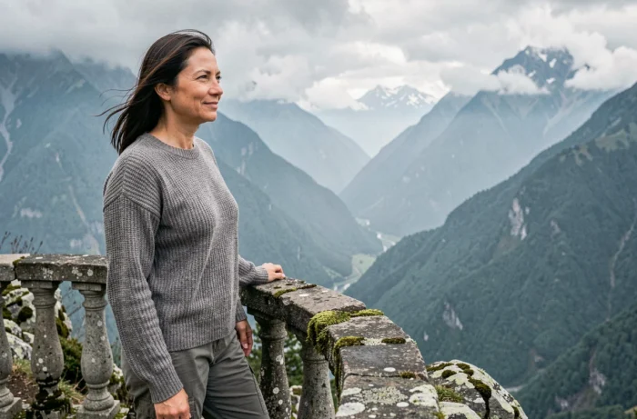 Femme admirant un panorama de montagne depuis un belvédère en pierre, ambiance voyage nature et découverte de nouveaux horizons