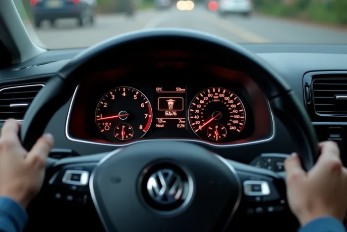 Voyant EPC allumé sur le tableau de bord d'une Volkswagen Polo avec témoin moteur visible